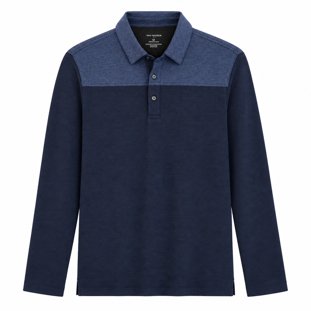 Van Heusen two-tone navy long sleeve polo shirt front view on white background