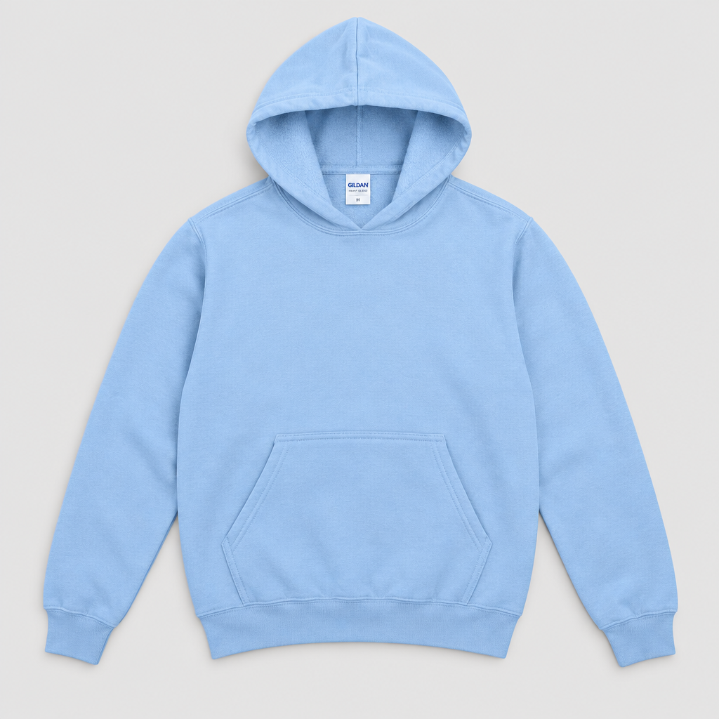 Inside/pocket view of light blue hoodie on light gray background
