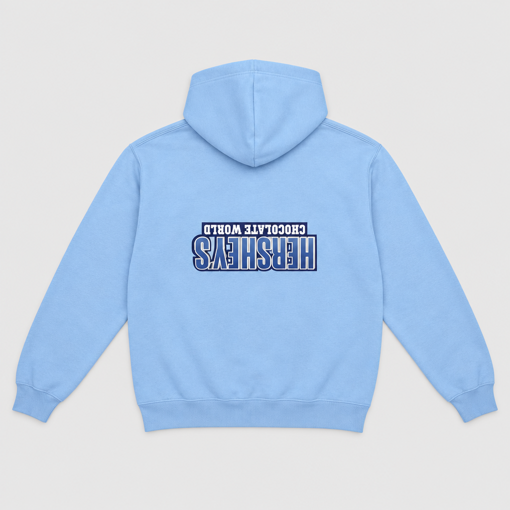 Back view of light blue Gildan hoodie on light gray background