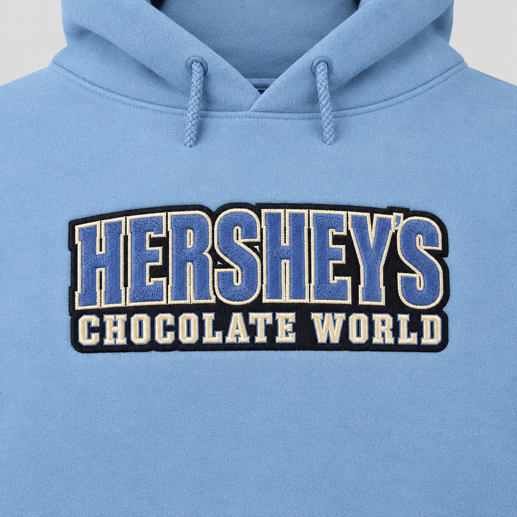 Close-up of Hershey's Chocolate World graphic on light gray background