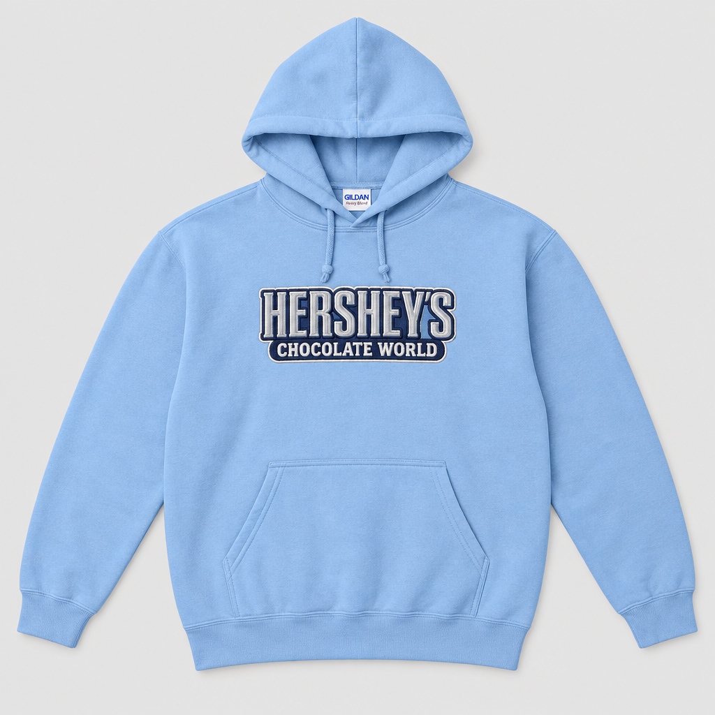 Front view of Hershey's Chocolate World hoodie on light gray background