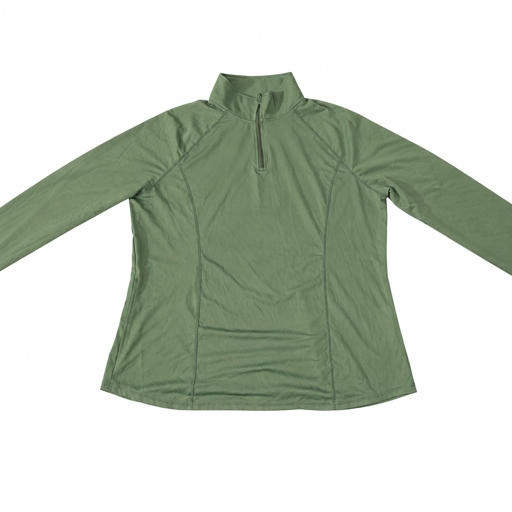 Olive green quarter-zip pullover front view on white background