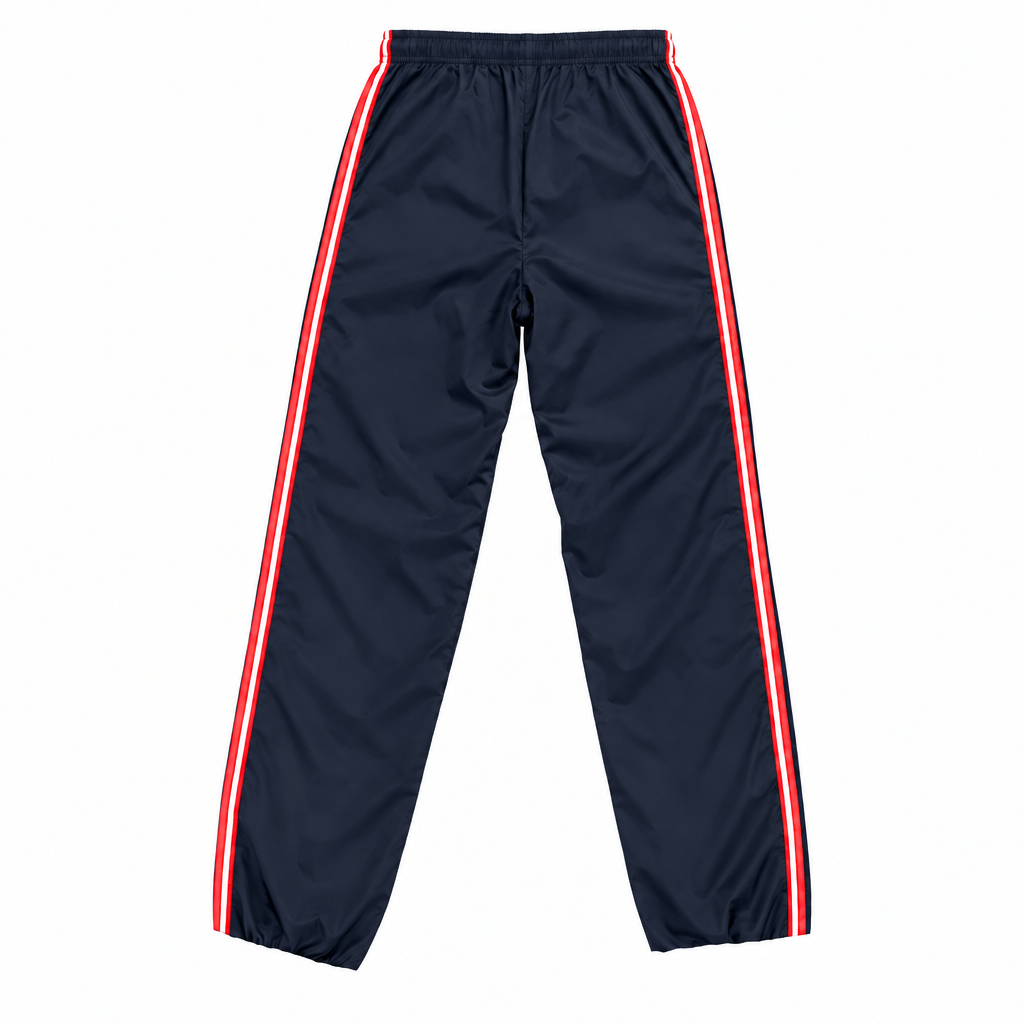 Champion navy track pants side view on white background