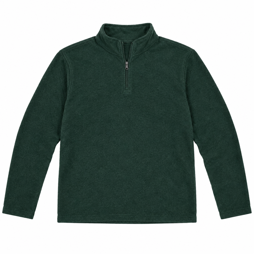 British Khaki forest green quarter-zip pullover front view on white background