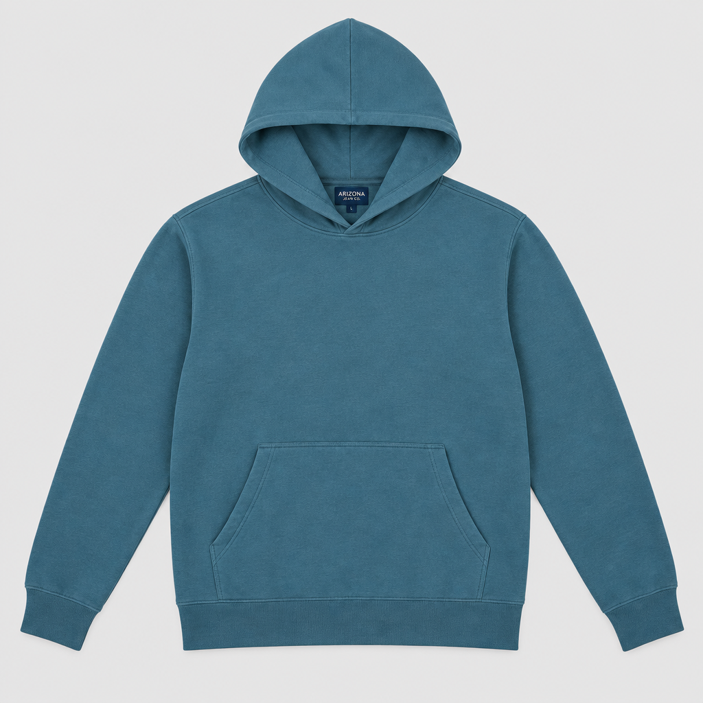 Front view of teal Arizona Jean Co. hoodie on light gray background