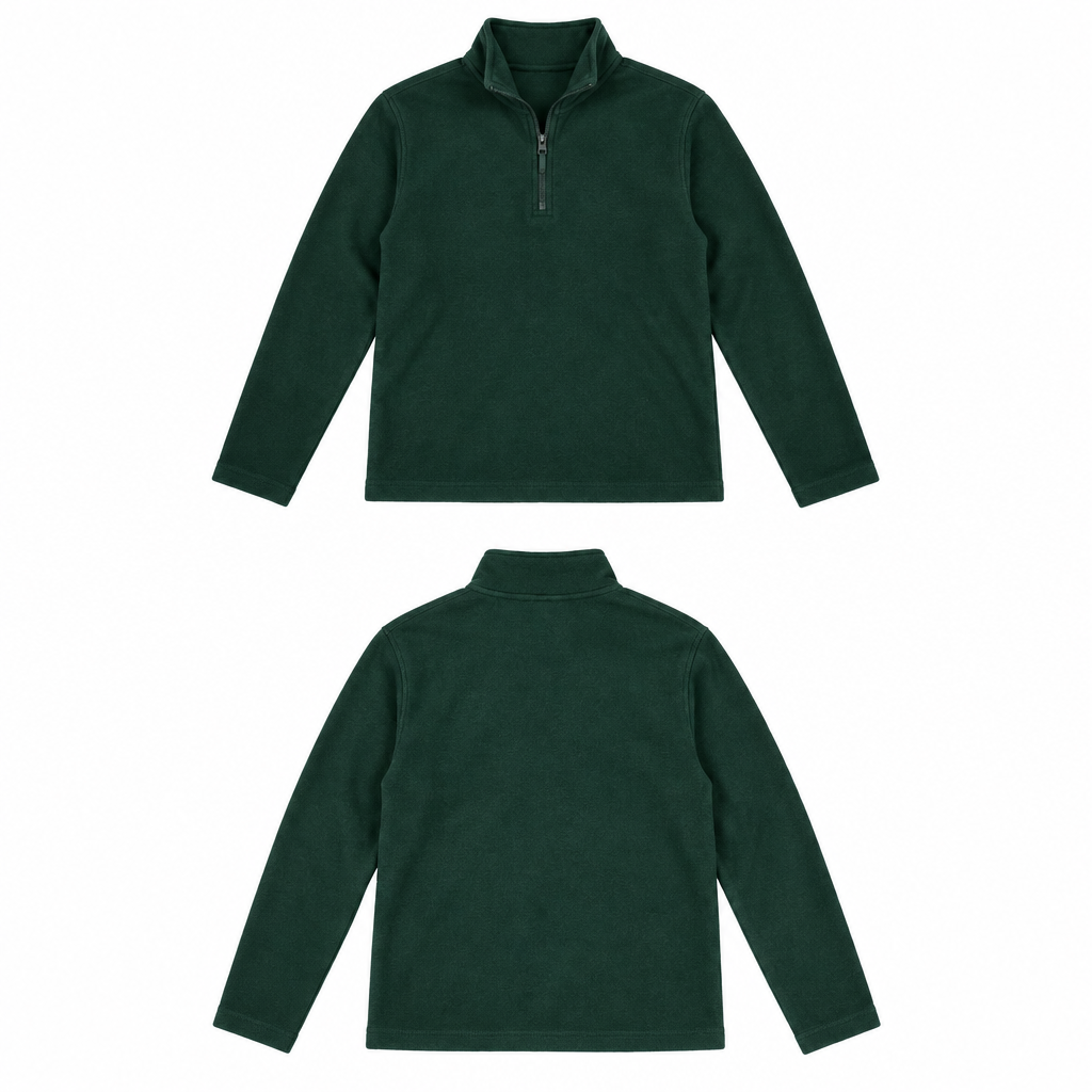 British Khaki forest green quarter-zip pullover back view on white background