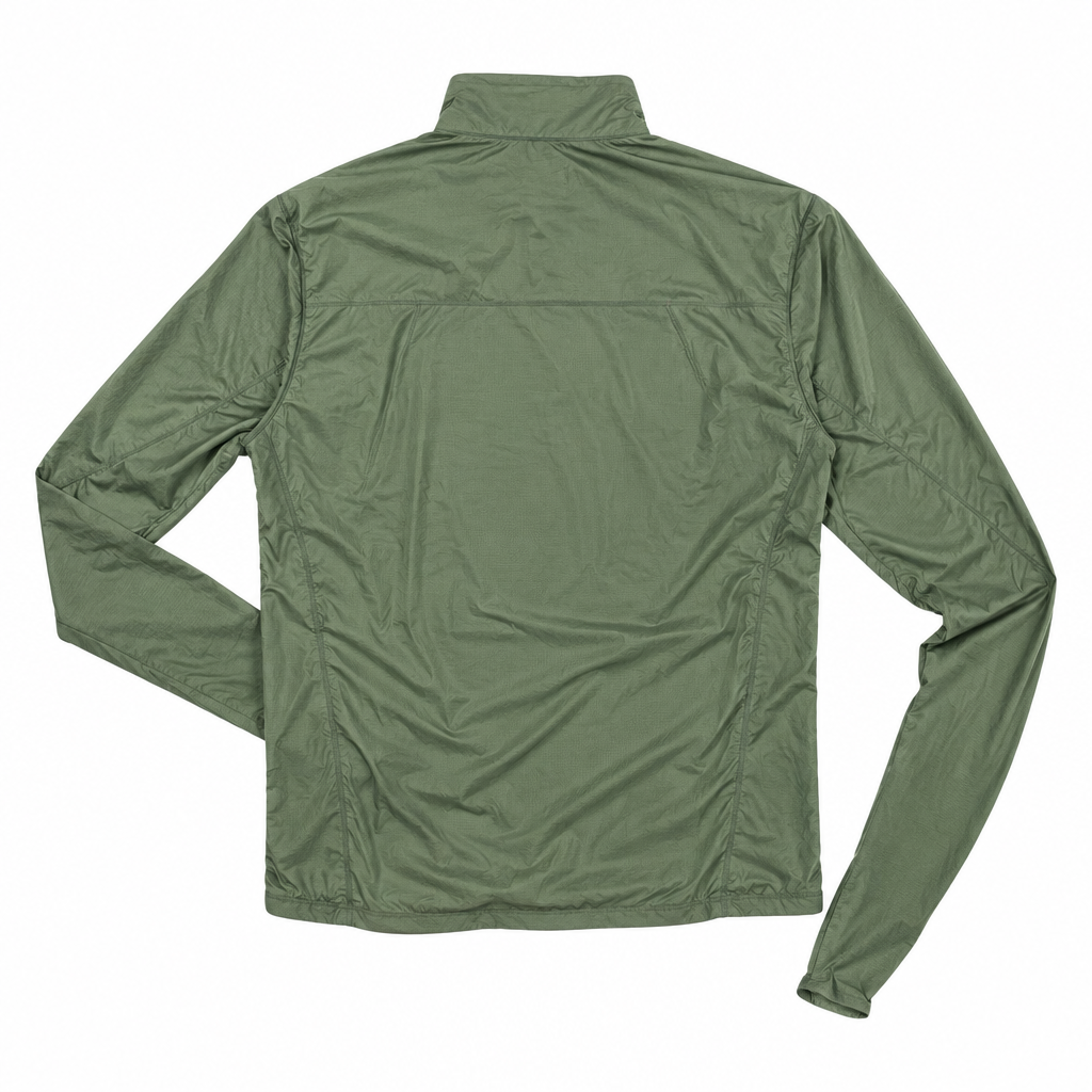 Olive green quarter-zip pullover back view on white background