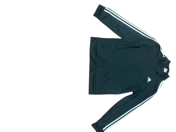 Adidas black jogger pants with white 3-stripe detail, white background