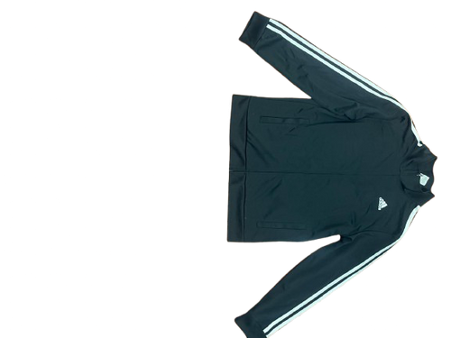 Adidas black jogger pants with white 3-stripe detail, white background