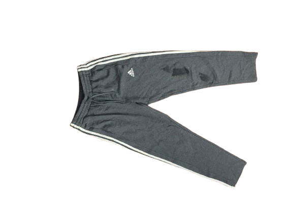Adidas dark gray jogger pants with white 3-stripe detail, white background